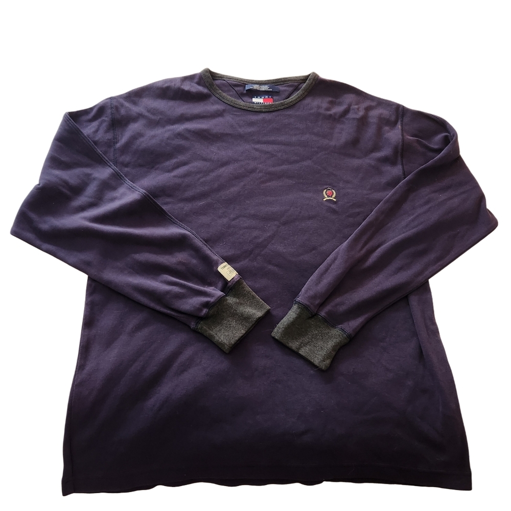 Vintage Large Tommy Hilfiger Navy Grey Crew Neck Long Sleeve Top Large